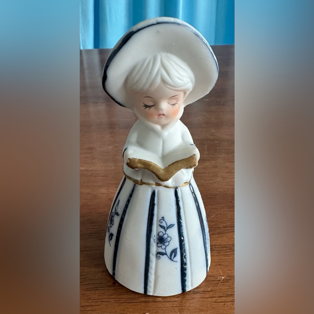 Vintage JASCO Taiwan Blue & White Porcelain Bisque Choir Lady Bell Figurine